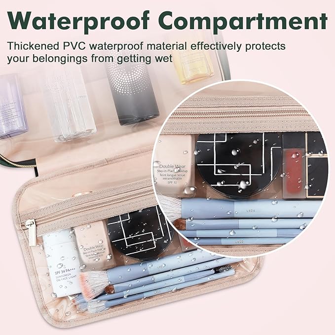 Wedama Toiletry Bag for Women, Medium Cosmetic Travel Bag, Hanging Toiletry Bag for Bathroom, Thickened PVC Waterproof Makeup Bag, Toiletries Bag for Travel Business Trips and Camping, Dark Green