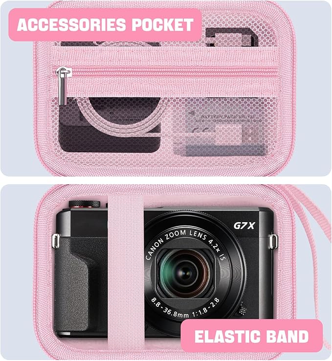 Camera Case for Canon PowerShot G7X Mark III/ G7 X Mark II/ SX740 hs Digital Camera, 4K Vlogging Camera Protective Cover Hard Travel Storage Bag, Mesh Pocket fits Cable, Batteries,Pink