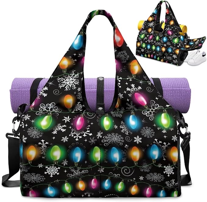 Christmas Colorful Lights Womens Gym Tote Duffle Bag with Shoe Compartment Lightweight Carry On Bag for Beach Swim Sports Overnight Weekender Hospital Bags Gifts for Christmas