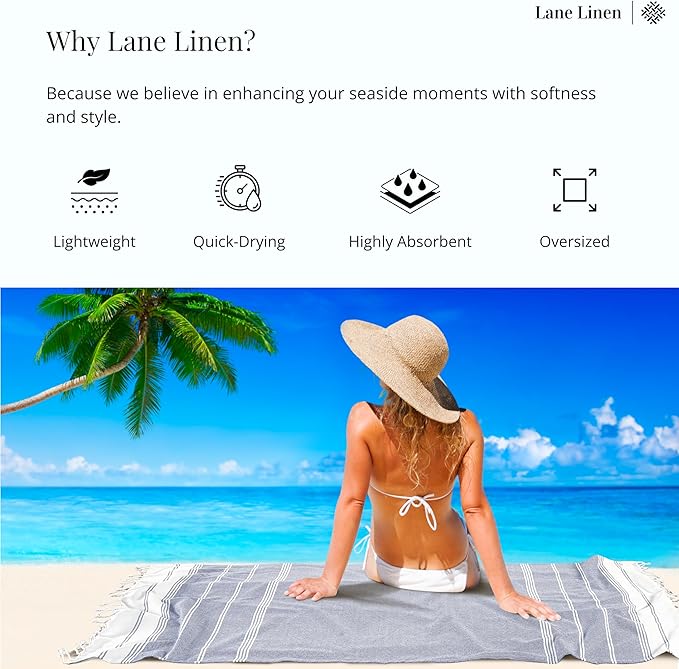 LANE LINEN Turkish Beach Towels, Extra Large Beach Towel, Pre-Washed for Soft Feel, Oversized Sand Free Quick-Dry Pool Towel, Beach Towels for Adults, 39"x71" - Navy Blazer