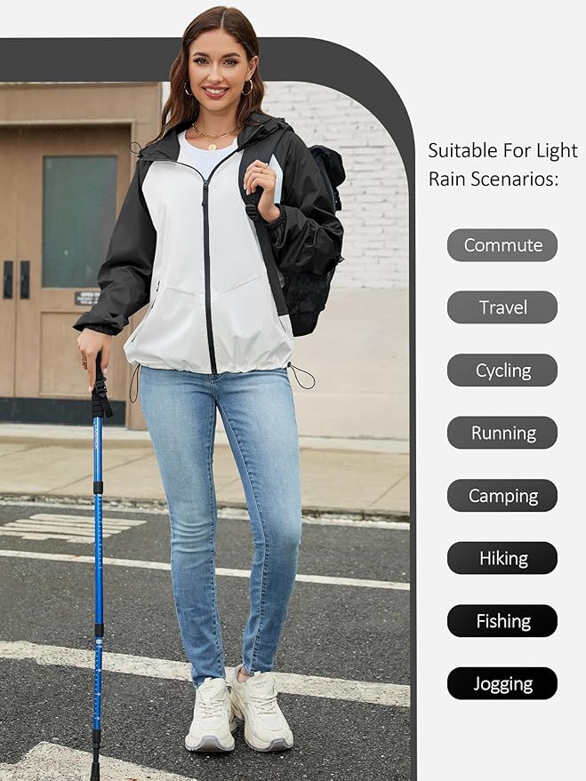 PITINAN Lightweight Rain Jacket Women Packable Wind Breaker Light Rain Jacket Women Waterproof Travel Raincoat S-XXL