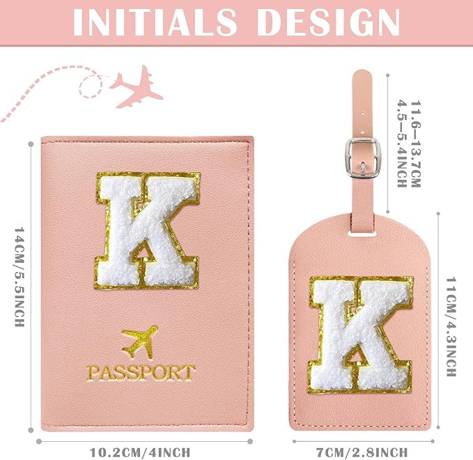 COSHAYSOO Initial Passport Cover Holder and Luggage Tag Set with Chenille Letter Patch for Women Teenage Girls, Traveling Necessities Supply Unique Bag Suitcase Identifier Pink K
