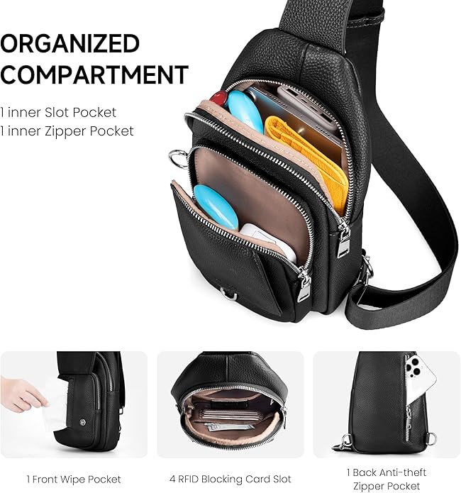 befen Anti Theft Genuine Leather Sling Bag for Women RFID Small Crossbody Bag Chest Bag Leather Fanny Packs for Travel