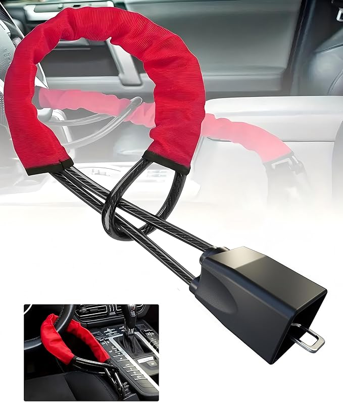 Car Steering Wheel Lock, Seat Belt Lock,O-MKAC Anti-Theft Device, Maximum Length 17 Inch, 3 Keys, Multi-Function, Suitable for Most Vehicles, SUV, Golf Cart Security (Red)