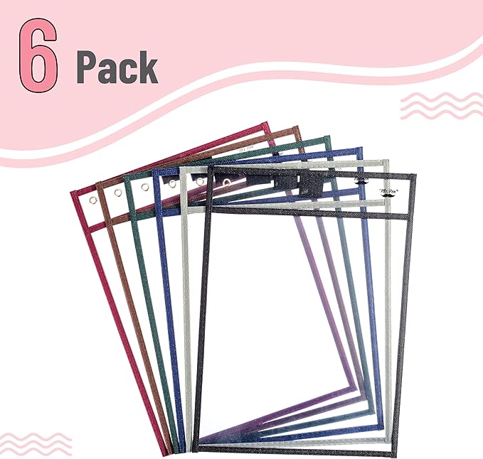 Mr. Pen- Dry Erase Pocket Sleeves, 6 Pack, 10"x14", Sleek Dark Color Theme, Dry Erase Pockets Reusable Sleeves, Job Ticket Holders with Marker Holder & Metal Eyelet