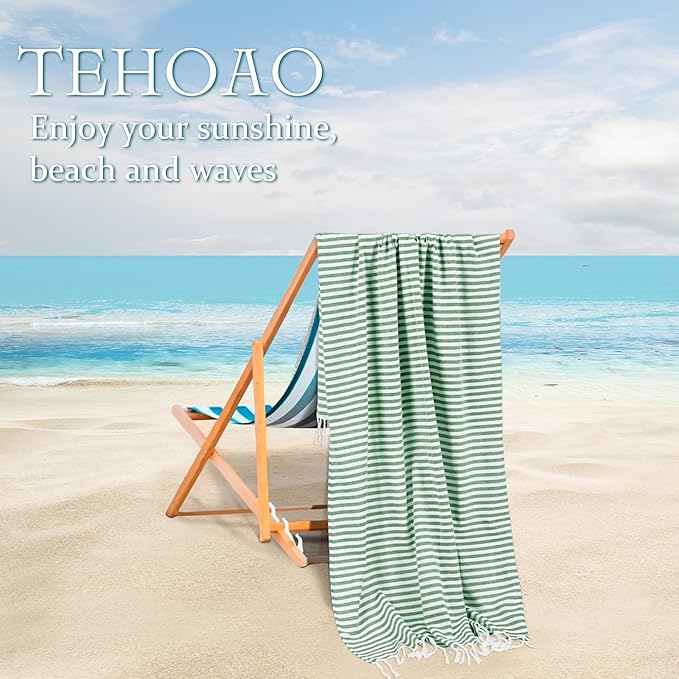 Turkish Striped Beach Towels Bulk Oversized 39"x71" Large Bath and Pool Set Quick Dry Lightweight Travel Towel for Adult,100% Cotton TEBT-18-1green