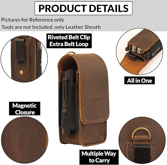 Leather EDC Multitool Sheath with Flip Closure | Leather EDC Belt Organizer | Flashlight Holster | Heavy Duty Multitool Organizer