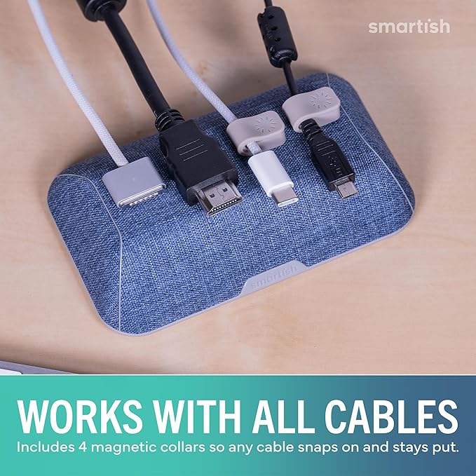 Smartish® Magnetic Cord Holder - Bigger Cable Wrangler Organizer with Magnet Clips for Charger Management on Desktop, Nightstand - Holds 6+ Cables - Blue Jeanie