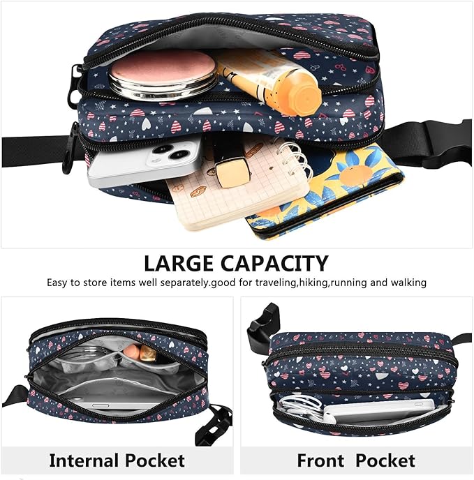 Kawaii American Flag Heart Dog Paw Fanny Pack for Women Men Water Resistant Fashion Waist Packs with Adjustable Strap Belt Bag for Travel Workout Jogging Hiking 21219381