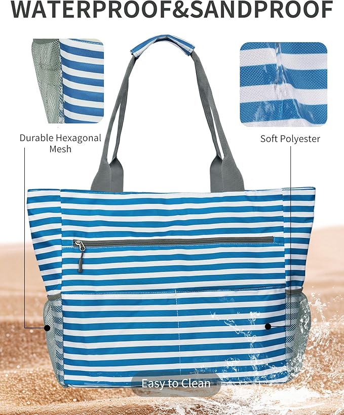 Beach Bag-Waterproof Sandproof Beach Totes with zipper Large Capacity Foldable for Women