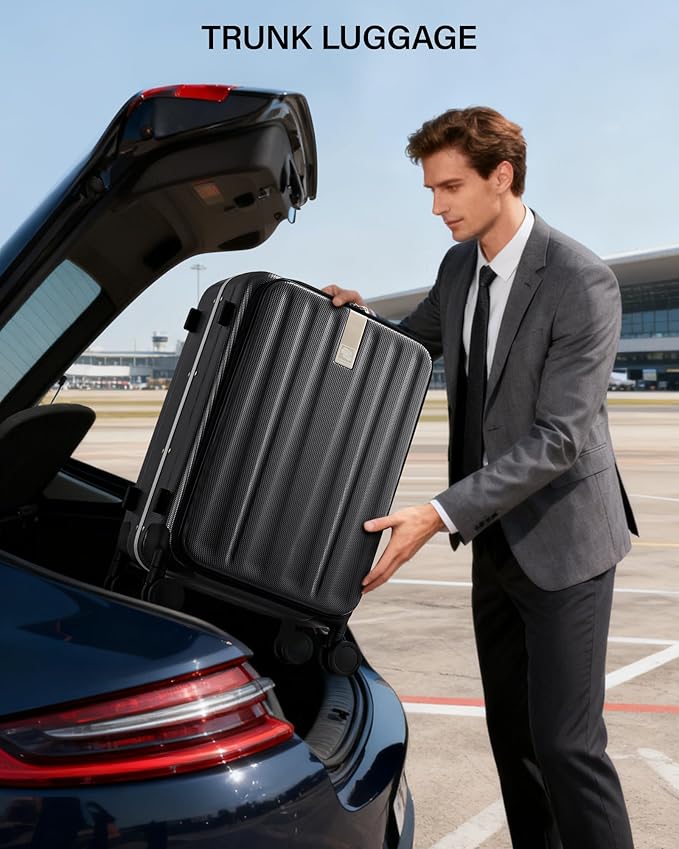 Hanke 20 Inch Carry-On Luggage PC Hard Shell Suitcases for Travel Front Opening Aluminum Frame Travel Luggage Rolling Suitcase with Wheels for Women Man Gifts.(Jet Black)
