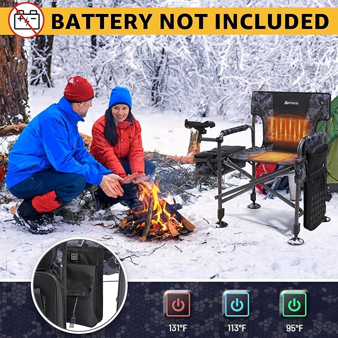 X Strike Heated Fishing Chair with Rod Holder Cooler Bag Storage Bag Shoulder Strap and Adjustable Feet, 350LBS Heavy Duty Folding Ice Fishing Chair for Adults Outdoor Camping (Battery Not Included)