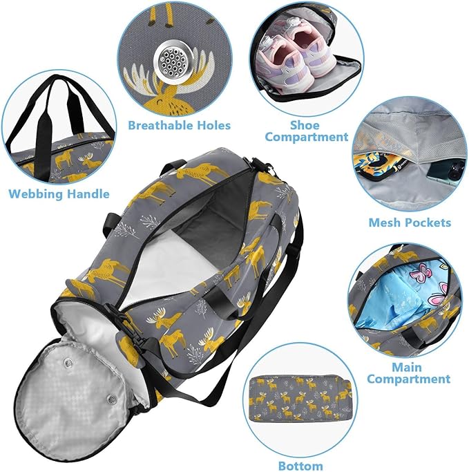 Wildlife Moose Yellow Gray Boy's Gym Duffel Bag with Shoes Compartment Large Capacity Weekend Travel Bag for Travel, Sports, Fitness & Workout bolso para gym mujer