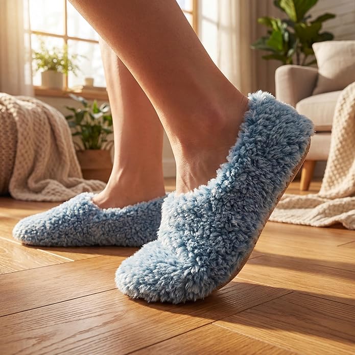 Cozylook 2-Pair Women's Soft Sole Slipper Socks with Grippers, Thick Warm Cozy Sherpa Lined Home Socks Set, Cable Knitted Non-slip Fluffy Winter House Bedroom Slippers