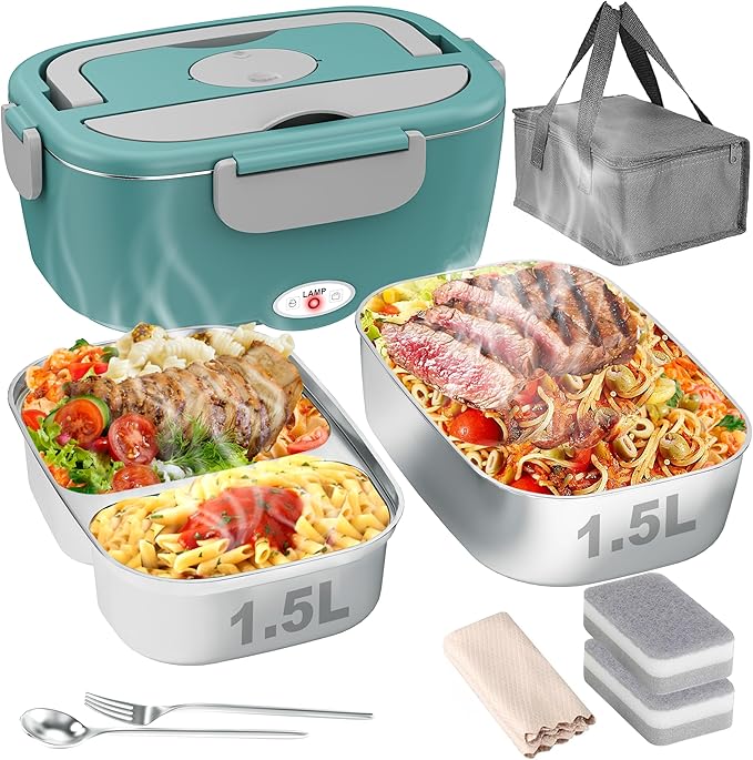 Electric Lunch Box for Men, Women & Adults - 80W Fast Heating - Heated Lunch Box with Dual 1.5L SS Containers - Portable Food Warmer for Car, Truck, Office