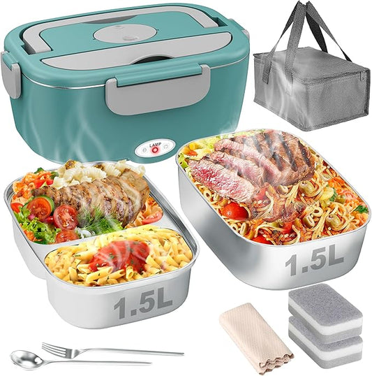 Electric Lunch Box for Men, Women & Adults - 80W Fast Heating - Heated Lunch Box with Dual 1.5L SS Containers - Portable Food Warmer for Car, Truck, Office