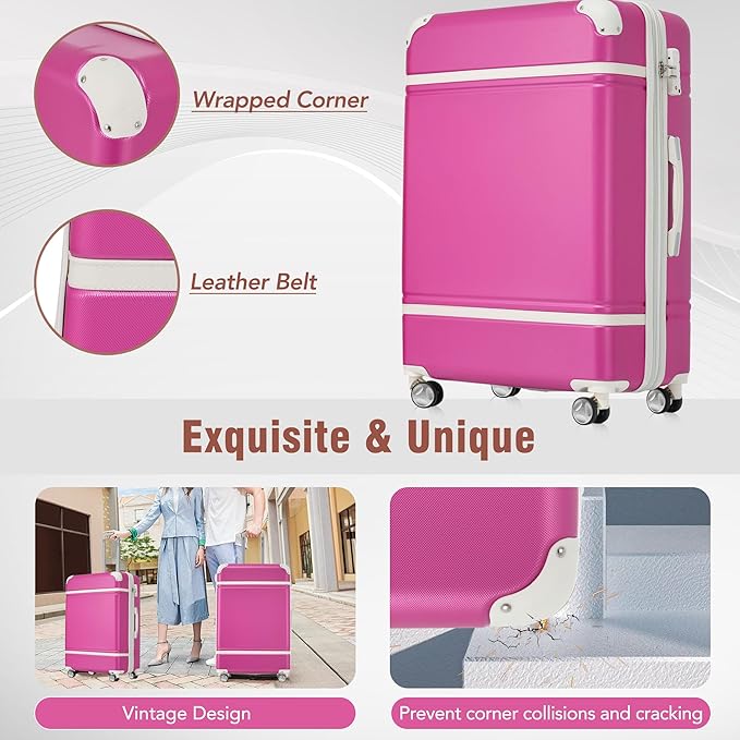 Merax 28 Inch Checked Luggage, Expandable Suitcase with Spinner Wheels, Hard Shell Vintage Luggage Set with TSA Lock(Pink)