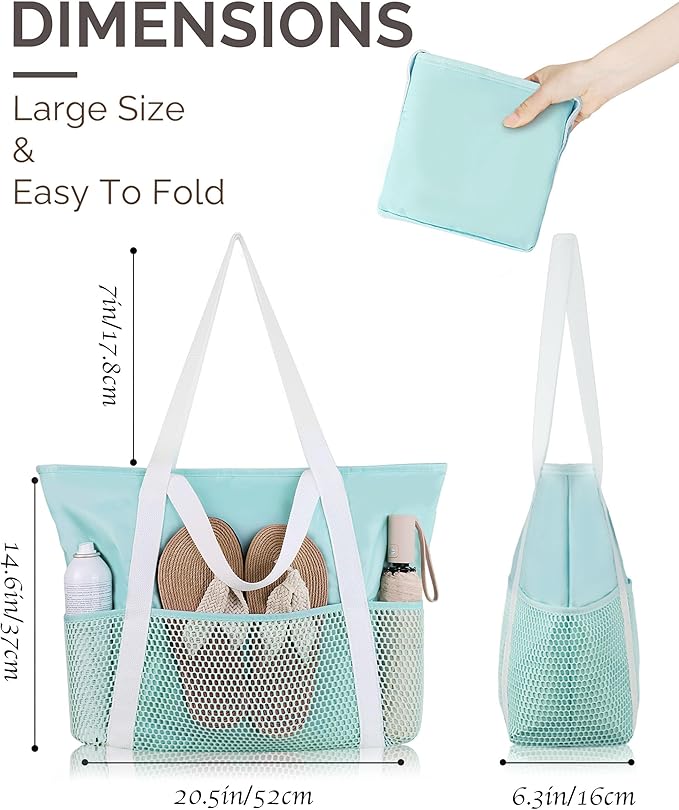 HOMESPON Beach Bag Large Waterproof Sandproof Foldable Tote for Women with Zipper Mesh Pockets for Pool Swim Travel Everyday