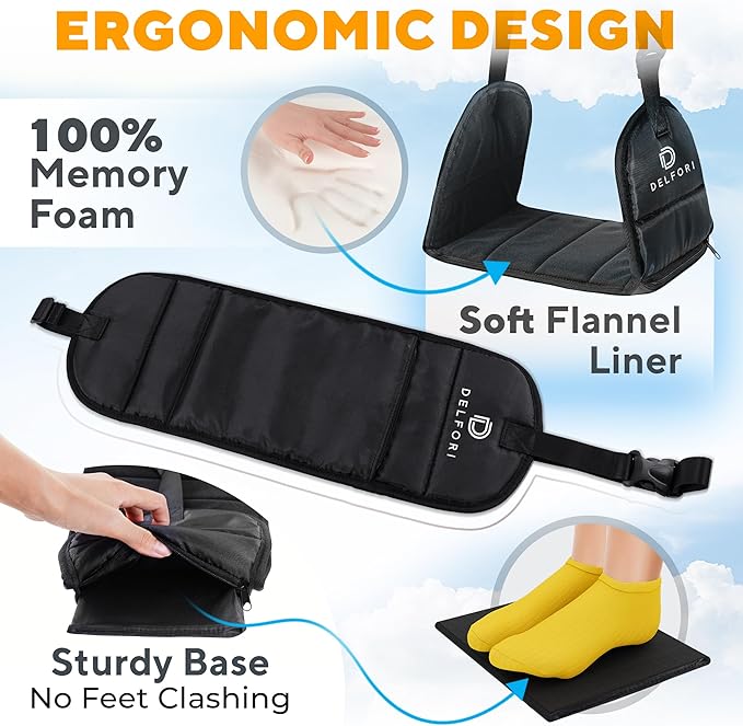 Portable Airplane Footrest for Airplane Travel - Comfortable Foot Hammock w/Memory Foam & Hardboard for No Feet Clashing - Ideal for Pain and Swelling Relief - Travel Essentials to Relax Your Feet