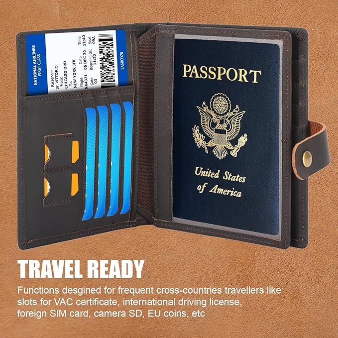STAR VISTA Cosimo Leather Passport Holder for Exquisite Voyagers or Pilots, Transparent Windows for Travel Document & Dual IDs, RFID Blocking, 2 Passports, 2 IDs, 8 Cards, AirTag Slots, Dark Brown