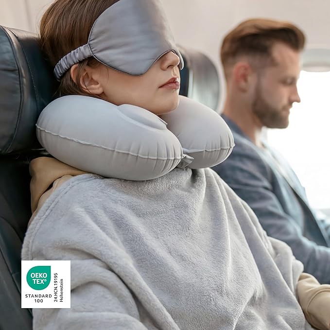 Bedsure Travel Blanket and Pillow Set with Inflatable Neck Pillows, Eye Mask and Storage Bag, Lightweight 3-in-1 Airplane Packable Blanket, Compact Travel Essentials, Grey