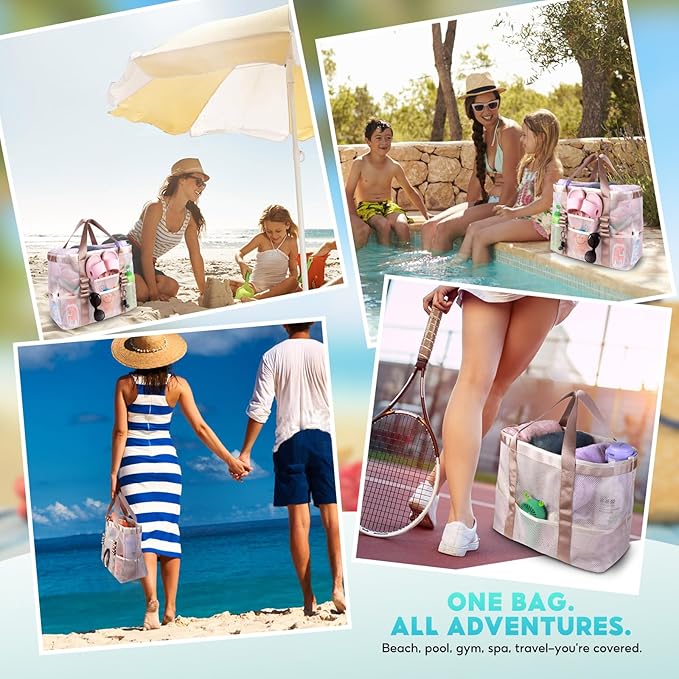 Large Mesh Beach Bag – Lightweight Beach Tote with 9 Pockets, Beach Bag for Women, Men, Family Essentials