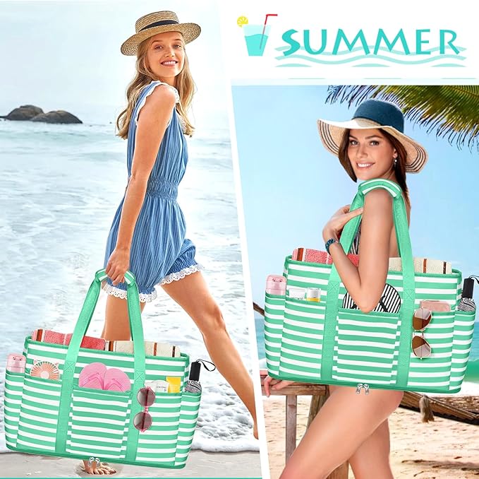 Large Beach Bag with Zipper, 12 Pockets Waterproof Sandproof Pool Bag Womens Mesh Beach Tote Bag for Travel Vacation