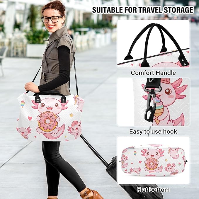 Travel Duffle Bag, Cute Axolotl Donut Gym Bag with Storage Bag Weekender Overnight Bag for Men Women Trip Sports Yoga