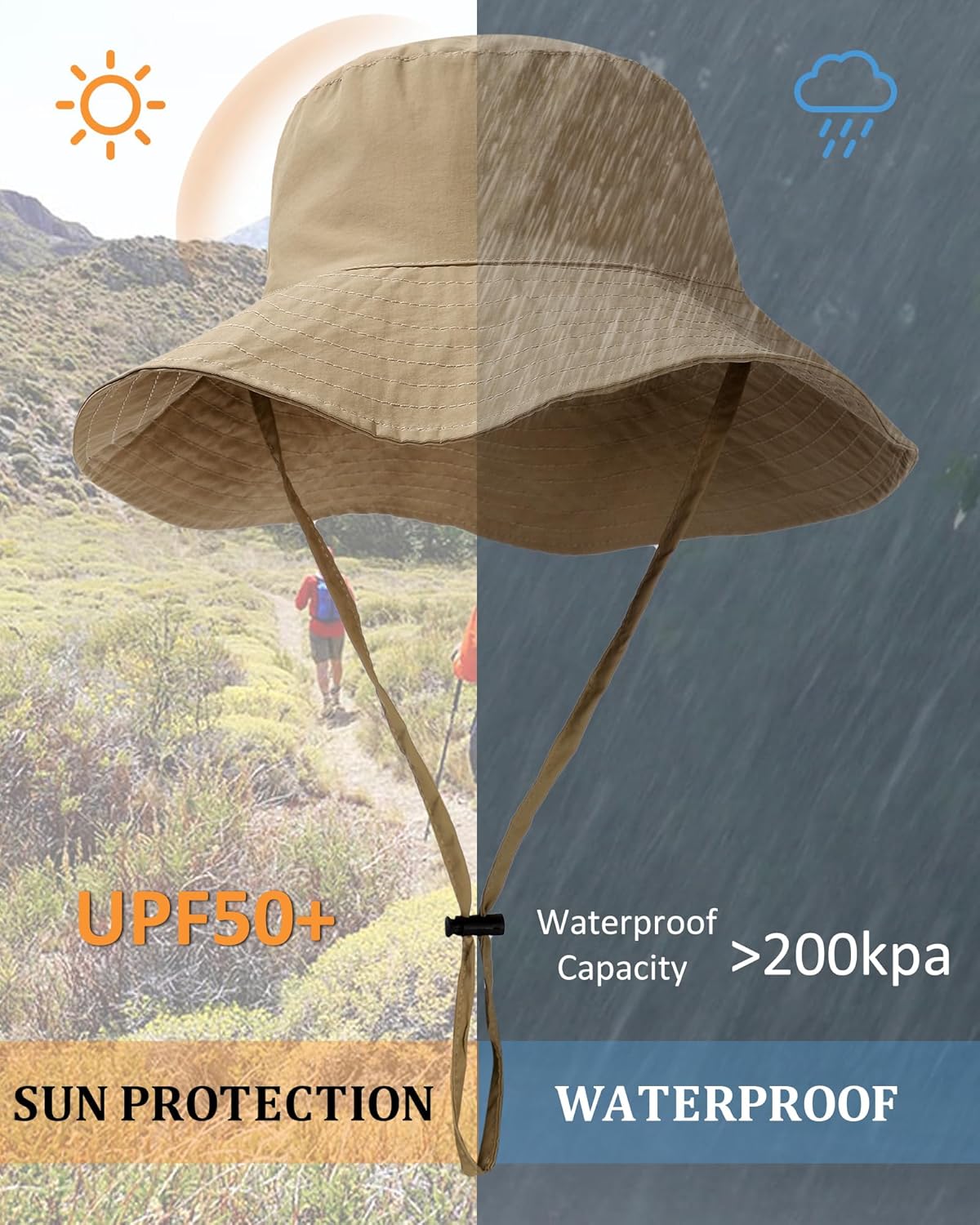 Water-Resistant Sun UPF 50+ Bucket Hat Protection Packable Brimmed Boonie for Women Men Summer Lightweight Hiking Outdoor Cap