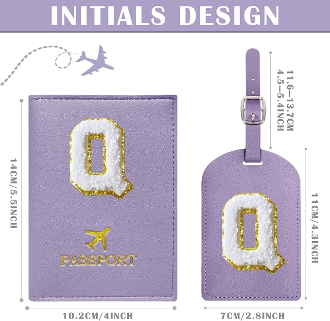 COSHAYSOO Purple Initial Passport Cover Holder and Luggage Tag Set TSA Approved with Chenille Letter Patch for Women Teenage Girls, Fashion Travel Bag Backpacks Suitcase Identifier Markers (Q)