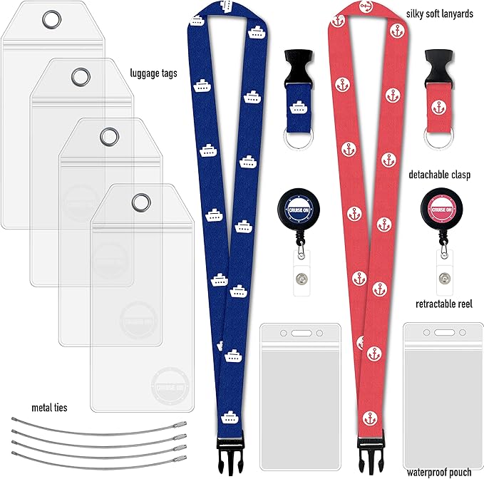Carnival Cruise Luggage Tag Holders (4 Pack) & Lanyards (2 Pack), Large, Clear & Waterproof, Cruise Essentials 2026-2027 for Ship Cards & Baggage – Durable Travel Accessories (Blue & Pink)