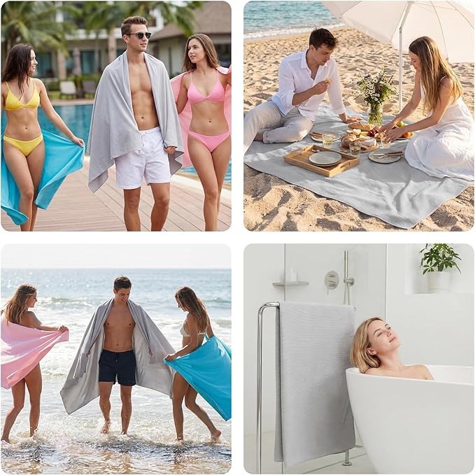 REDKISS 4 Pack Microfiber Beach Towels with Loop, 62x31 Inch Sand Free Quick Dry Camping Towels for Beach, Travel, Gym, Picnic-Gray