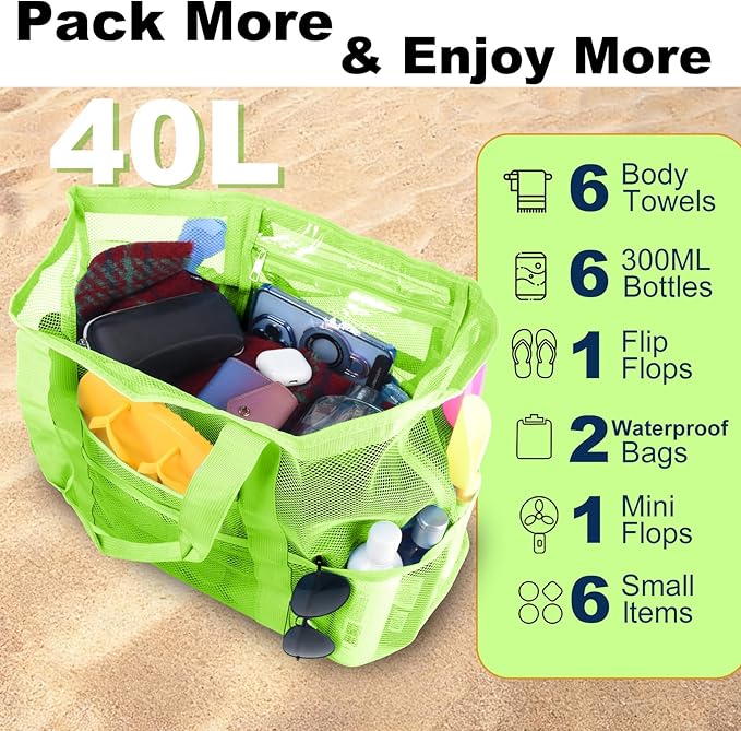 CaCTOUR Mesh Beach Bag,Large Beach Bags for Women with 8 Pockets,Packable Tote Bag for Beach Cruise Pool Vacation Essentials