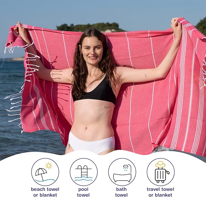 Turkish Beach Towels, Bulk Case of 36 | Oversized, Quick Dry, Sand Free | 100% Cotton, Large 38x71 Towels for Beach, Pool, Travel | Ultra-Soft, Compact, Absorbent | Red