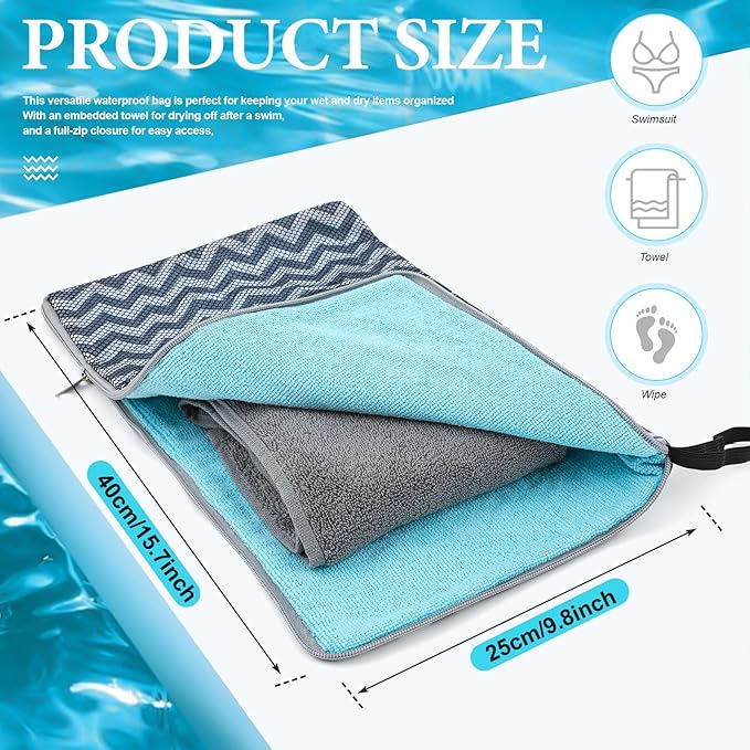 2 Pcs Wet Bags for Swimsuit, Embedded Towel Wet Dry Bag with 2 Zipper Pockets, Reusable Waterproof Leakproof Dirty Clothes Bag for Beach, Pool, Travel, Dirty Yoga Gym Clothes, Diaper, Gray