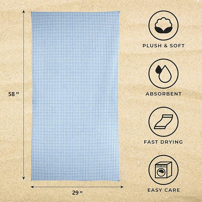 Tiny Blue Checkered Microfiber Beach Towel 29"x58" Soft Large Thin Sand Free Quick Dry Absorbent Compact Towels for Swimming Pool Camping Beach Accessories Vacation Essentials