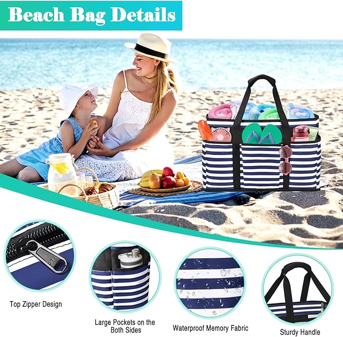 Large Beach Bag with Zipper, 12 Pockets Waterproof Sandproof Pool Bag Womens Mesh Beach Tote Bag for Travel Vacation