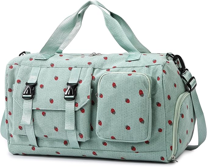 MYHOZEE Strawberry Corduroy Duffel Bag for Women, Gym Bag with Shoe Compartment & Wet Dry Pocket, Lightweight Travel Bag with Adjustable Strap, Sports Weekender Overnight Bag for Work Swimming Yoga