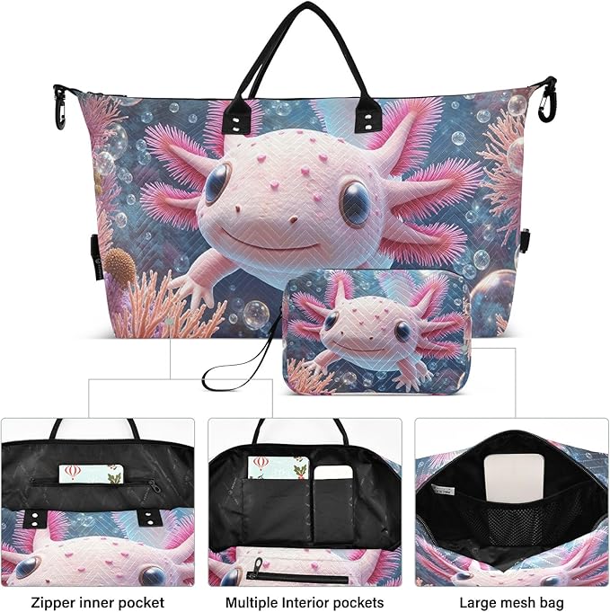 Travel Duffle Bag, Submarine Coral Axolotl Gym Bag with Storage Bag Weekender Overnight Bag for Men Women Trip Sports Yoga