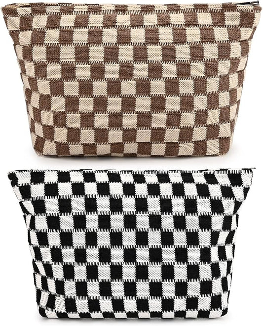 SOIDRAM 2 Pieces Makeup Bag Large Checkered Cosmetic Bag Capacity Canvas Travel Toiletry Bag Organizer Cute Makeup Brushes Aesthetic Accessories Storage Bag for Women, Checkered L Black Brown