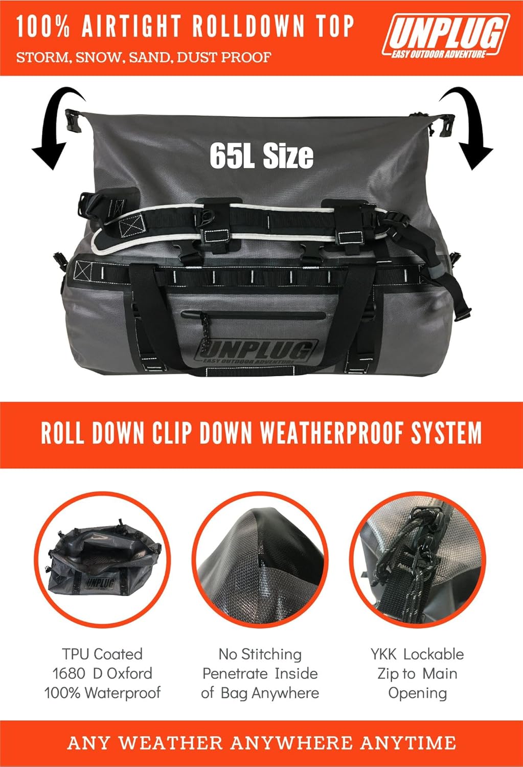 UNPLUG Waterproof Bags for Travel -1680D Heavy Duty Waterproof Duffel Bag for Camping, Motorcycle Dry Bag, Hunting Bag, Bug Out Bag, dry bags for kayaking waterproof boat bag (65L Storm Grey)