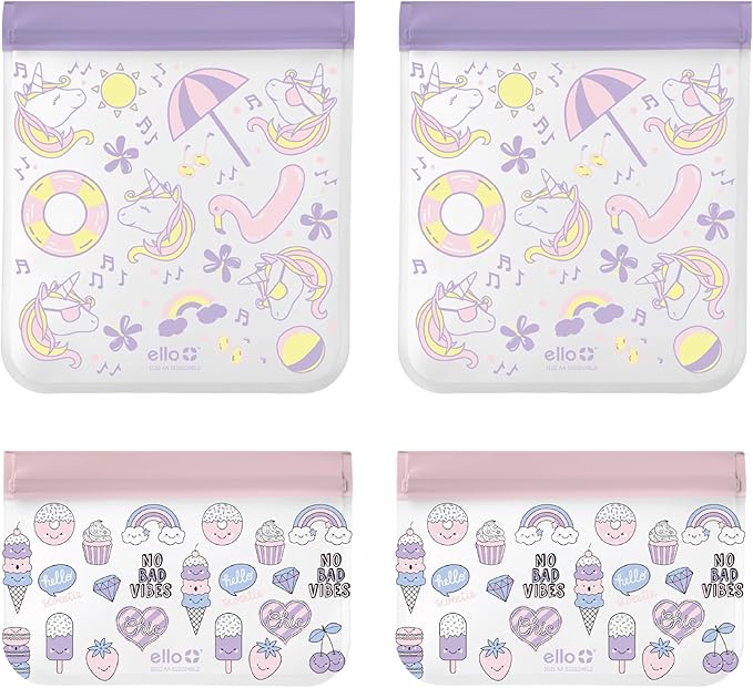 Ello 4 Pack Reusable Food Storage Bags, Resealable BPA-Free, Food-Safe PEVA, Feezer Safe and Leak-Proof