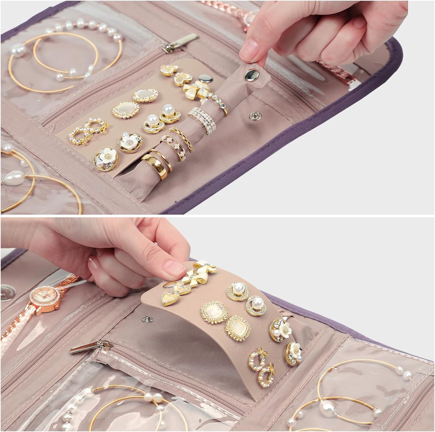 BELALIFE Travel Jewelry Case Organizer, Foldable Storage Roll for Earrings, Necklaces, Rings, Bracelets, Brooches, Purple