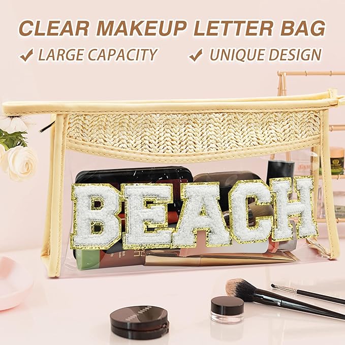 Makeup Bag with Glitter Chenille Letter, 1.1L Capacity Clear Makeup Letter Bag, Beach Bag, 【Easy to Carry】, 【Handmade Woven】 Travel Makeup Bag for Women, (Beige-BEACH)