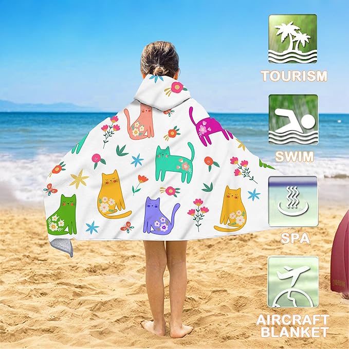 Bonsai Tree Summer Bright Hooded Beach Towel, Cat Lover Kids Poncho Towel for Boys Girls, Quick Dry 30''x50” Bath Towel for Pool Swiming Boys Gifts
