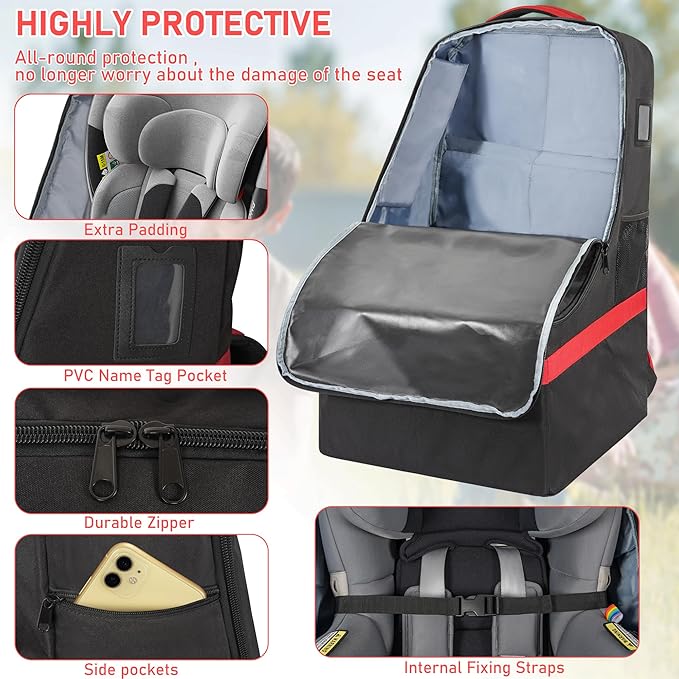 Padded Car Seat Travel Bag for Airplane, Heavy Duty Car Seat Bag for Air Travel Gate Check Carseat Carrier Bag with Shoulder Strap, Fits Most Baby & Infant Car Seats (Black Red)