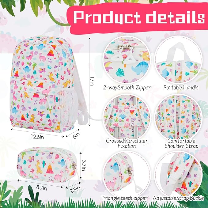 Redbaker 17 Inch 6 Pcs Kids Luggage Set Kids Rolling Luggage Double Pattern Suitcase for Boys Girls (Pale Pink, Dinosaur Style)