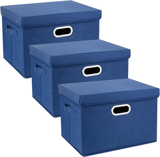 TYEERS Large Storage Bins with Lids, Collapsible, Washable, Fabric Storage Boxes for Organizing, 17.3x11.8x11.4 inches, 3 Pack, Classic Blue