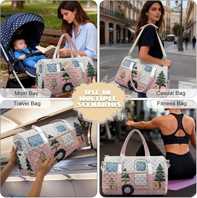 COEQINE Pink Sports Duffel Bags for Women Gym Funny Quilted Tote Bag Large Car Printed Weekender Carry On Camper Van Style Backpack for Overnight Luggage with Trolley Sleeve