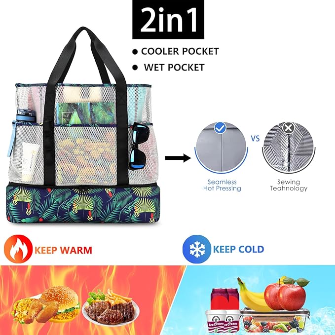 Beach Bag with Cooler,Mesh Beach Bags for Women Sandproof for Pool and Swimming Travel Daily with Durable 8 Pocket